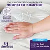A hand resting on a white, fluffy blanket, with arrows indicating breathability and text highlighting product features. Produktbild-Vorschau