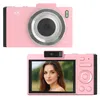 A pink digital camera is shown from the front and back, with a portrait displayed on the screen. Produktbild-Vorschau