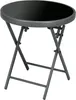 A round, foldable side table with a black glass top and gray metal legs, shown against a white background. Produktbild-Vorschau