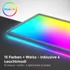 A close-up, angled view of an illuminated LED panel displaying a gradient of colors, with a circular RGB+W logo in the upper left corner and descriptive text at the bottom. Produktbild-Vorschau