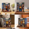 A collage of four images showing a miniature bookshop model from different angles. Náhled obrázku produktu