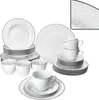 A collection of white porcelain dinnerware with a subtle grey rim and embossed pattern. Produktbild-Vorschau