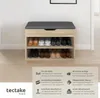 A shoe cabinet with a padded seat, displaying shoes on its shelves and featuring descriptive text and icons. Náhled obrázku produktu