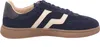Side view of a navy blue sneaker with cream stripes. Anteprima dell’immagine prodotto
