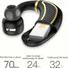 A close-up, angled view of a black and gold Bluetooth earbud with its charging case open, revealing a white battery. Text below the earbud provides information about its battery life. Produktbild-Vorschau