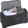 An open black duffel bag with purple trim, showing clothes and a notebook inside. Náhľad obrázku produktu