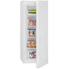A white upright freezer with its door open, showing several drawers filled with frozen food items. Produktbild-Vorschau