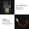 A collage of four images showing different aspects of a gas heater, including its internal storage for a gas bottle, text highlighting features, and a close-up of the gas hose and regulator. Produktbild-Vorschau
