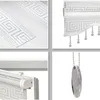 A collage of four images showing different views and details of a white and silver roller blind. Produktbild-Vorschau