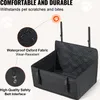 A black dog car seat with informational callouts highlighting its features. Náhľad obrázku produktu