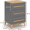 A 3-drawer chest of drawers with wooden accents and legs, shown with dimensions indicated. Náhled obrázku produktu