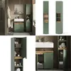 A collage of images showing a green bathroom cabinet with wood accents. Náhled obrázku produktu