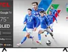 A group of soccer players in blue uniforms are depicted in motion, with a soccer ball at their feet. The image is overlaid with text and logos related to a TCL television. Anteprima dell’immagine prodotto