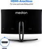 The back of a black curved monitor with its stand, featuring the Medion logo and text overlays about HDMI connection. Produktbild-Vorschau