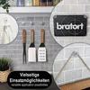 A collage of images showing suction cups with M4 threads attached to a tiled wall, holding various items like a towel, grilling utensils, and a sign. Produktbild-Vorschau