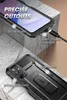 A black phone case with a phone inserted, showing charging port and camera. The case is displayed on a textured surface. Náhľad obrázku produktu
