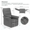 A collage showing dimensions and details of a gray recliner chair. Anteprima dell’immagine prodotto