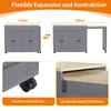 A diagram showing a kitchen island in two different extended states, with close-ups of its wheels and drawer slides. Podgląd zdjęcia produktu