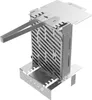A silver metal grill with tongs resting on top, set against a white background. Produktbild-Vorschau
