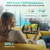 A woman is lying on a yellow couch, holding a tablet that displays two parrots. The image includes marketing text and icons highlighting the tablet's camera features and AI capabilities. Produktbild-Vorschau