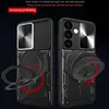 Two views of a black phone case with a sliding camera cover and a ring stand, presented against a dark background. Produktbild-Vorschau