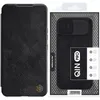A black phone case with a flip cover and a camera protection slider, presented in its packaging. Podgląd zdjęcia produktu