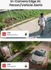 A split image showing a security camera's AI features detecting a person and a vehicle. Produktbild-Vorschau