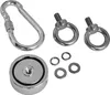 A collection of items for magnet fishing, including a carabiner, two eye bolts, a round magnet, and several washers, arranged on a white background. Produktbild-Vorschau