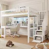 A white loft bed with a desk and storage stairs in a bedroom setting. Produktbild-Vorschau
