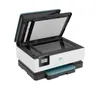 A white and teal HP OfficeJet printer with its scanner lid open, shown from a three-quarter angle against a white background. Voir les images du produit