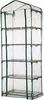 A tall, narrow greenhouse with five shelves, covered in clear plastic. Produktbild-Vorschau