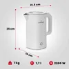Product image with dimensions and specifications for a white electric kettle. Produktbild-Vorschau