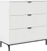 A white three-drawer dresser with black legs and handles, shown against a white background. Náhled obrázku produktu