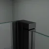 A close-up view of the corner of a black framed shower enclosure with clear glass panels. Produktbild-Vorschau