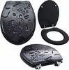 A collage of three images showing a black toilet seat with a water drop design. Produktbild-Vorschau