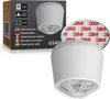 A heat detector and its packaging are shown against a white background, with a sheet of adhesive tape. Produktbild-Vorschau