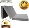 A folded gray mattress on a white background, with promotional badges. Náhled obrázku produktu