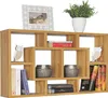 A wooden shelf unit with various decorative items and books. Produktbild-Vorschau