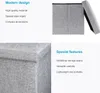 A collage of images showcasing a gray fabric storage ottoman, with text highlighting its modern design and special features. Náhled obrázku produktu