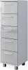 A tall, narrow white cabinet with five drawers and silver handles, standing on four silver legs. Náhled obrázku produktu
