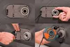 A collage of four images showing how to connect an electric pump to an air mattress valve. Produktbild-Vorschau