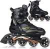 Two black and gold inline skates are shown against a white background. One skate is in the foreground, and another is in the background. Náhled obrázku produktu