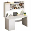 A white modern loft computer desk with shelves is shown against a white background. Produktbild-Vorschau