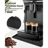 A close-up of a coffee machine with two cups of coffee, and a bag of coffee beans. There is also a close-up inset showing water droplets on a surface. Produktbild-Vorschau