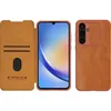 A collage of three images showing a brown flip phone case for a Samsung Galaxy A55 5G. The left image shows the case open, revealing card slots and the Nillkin logo. The center image shows the front of the phone with the case closed. The right image shows  Produktbild-Vorschau