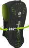 The back of a black and green protective vest with green arrows indicating 360-degree protection. Voir les images du produit