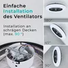 Collage showing a ceiling fan with light, illustrating its installation at different angles and showing internal components. Produktbild-Vorschau