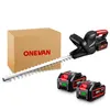 A cordless hedge trimmer with two batteries and its packaging are displayed against a white background. Produktbild-Vorschau