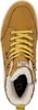 A top-down view of a brown winter boot with yellow laces and white fur lining. Voir les images du produit