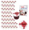 A set of small glass jars with red and white striped lids decorated with red bows, a cookbook, and a decorative plate, all presented as a gift set. Produktbild-Vorschau